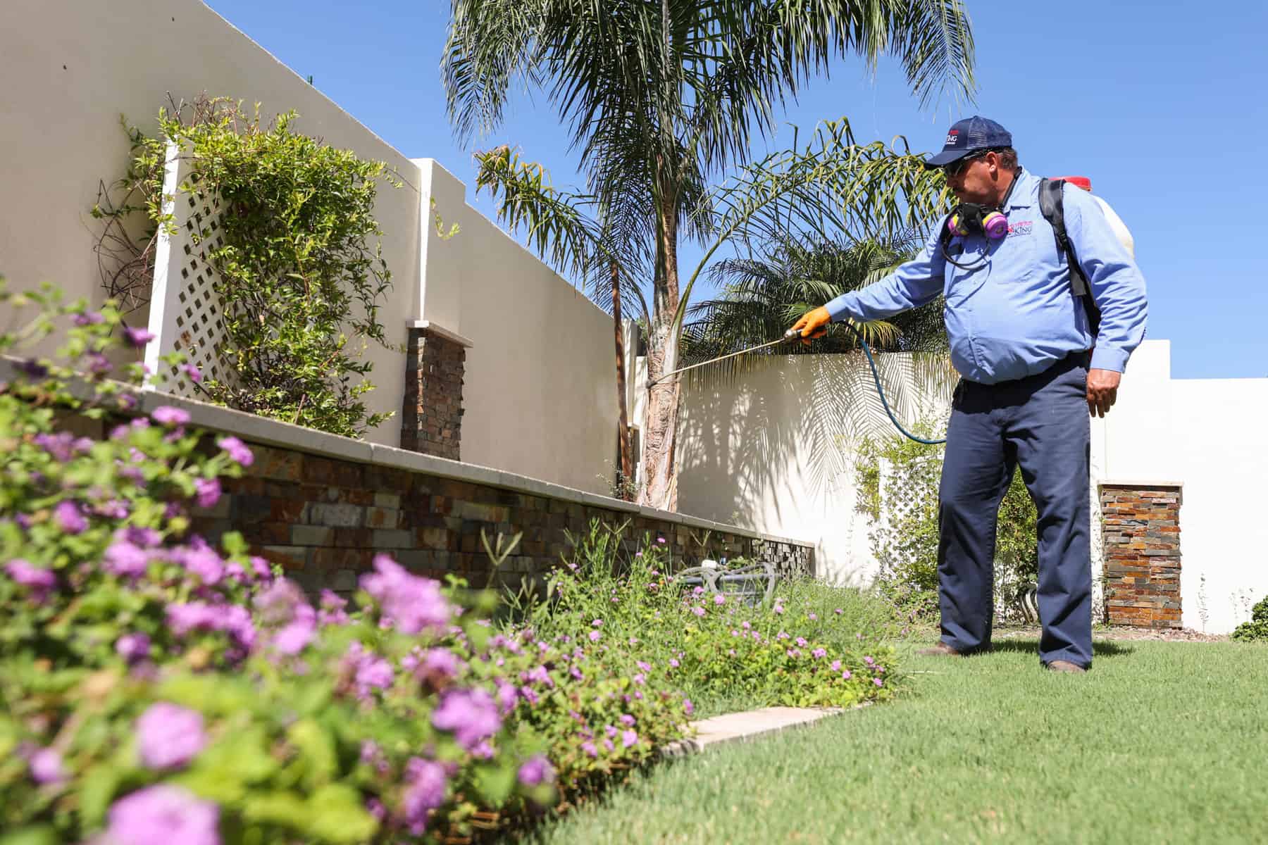 man spraying protective barrier around backyard